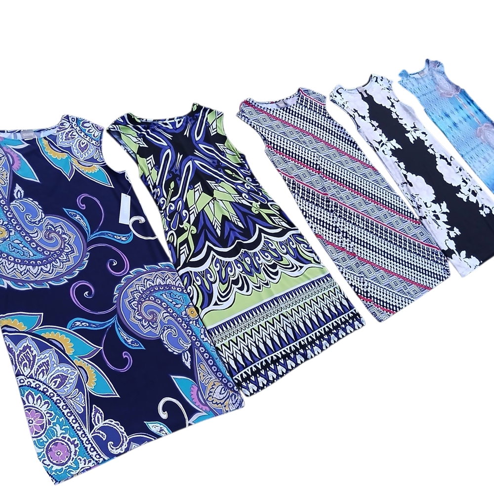 5 Chico’s Dress Sleeveless Slinky Midi Short Iona Casual Allover Print Vibrant 1